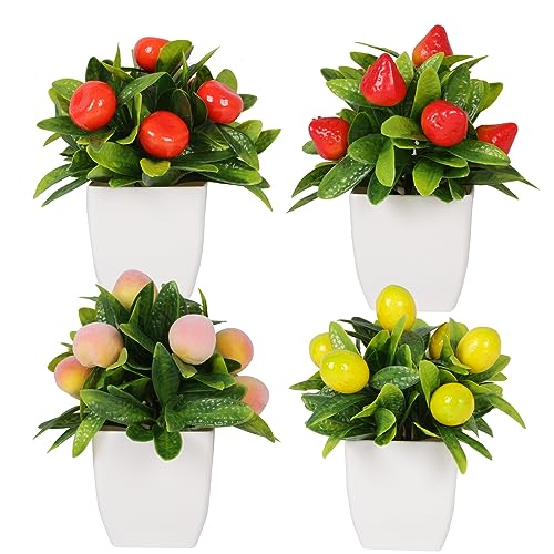 Yoratee 4pcs Small Fake Plant Mini Artificial Fruit Potted Plants Citrus Peach Strawberry Lemon Fake Plants for Home Decor - color: Type a