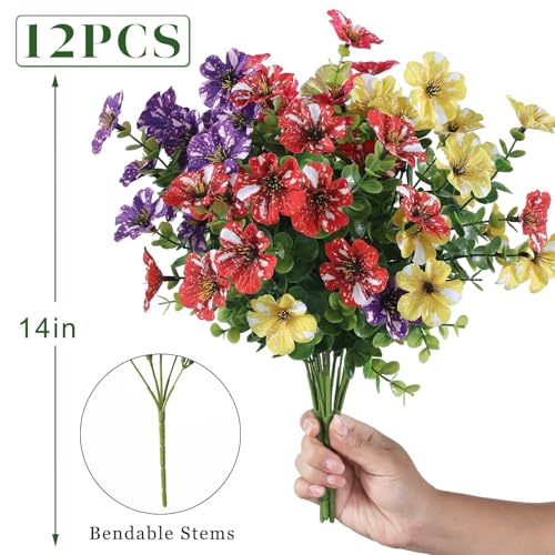 GLIDLION 12 Bundles Artificial Morning Glory & Eucalyptus for Outdoor, Realistic Fake Silk Flower UV Resistant Faux Plant for Front Door Patio Garden Farmhouse Decor (Mixed Color) - color: Mixed Color