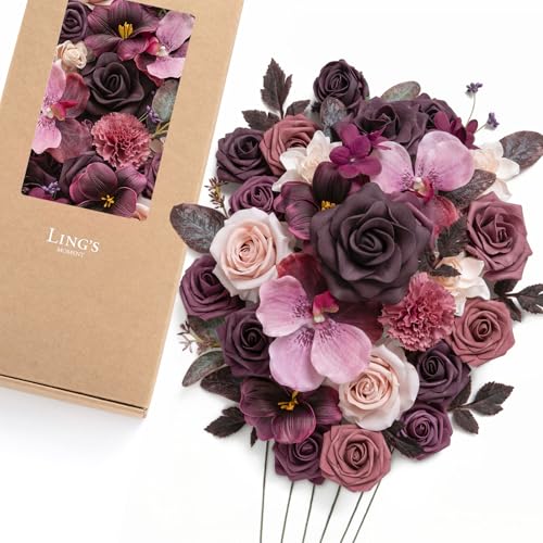 Ling's moment Fake Flowers Box, Faux Artificial Greenery Stems Foam Roses Tulip Silk Orchid Eucalyptus Fabic Flower for Centerpieces Bouquet Wedding Vase Decorations, Plum & Plum Lily, Deluxe Combo - color: Prpl-plum & Plum Lily, size: Deluxe