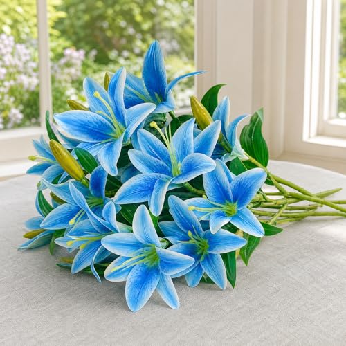 ATFL Artificial Lilies Flowers,9 Pcs Faux Lily Flowers,16''Tiger Lily Branches with 2 Full Blooms and 1 Bud,Faux Fake Lilies Plants for Wedding Bouquet Floral Arrangements (9, Blue) - color: Blue