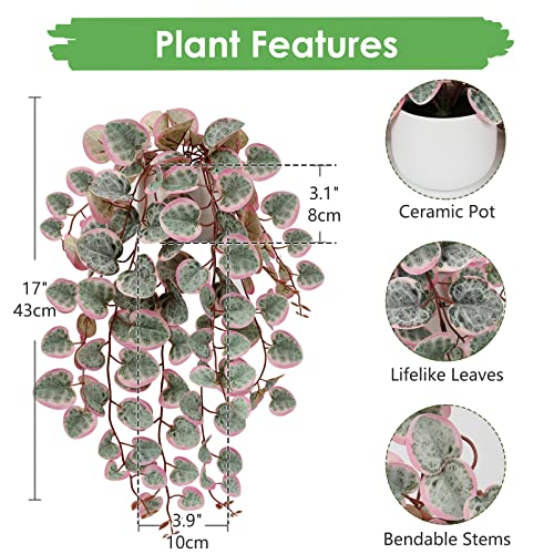 Briful Fake Plants Indoor 16'' Artificial String of Hearts Plants with Ceramic Pot Small Faux Draping Vine Plants for Home Bathroom Table Shelf Office Hotel Decor(Pink) - color: Pink