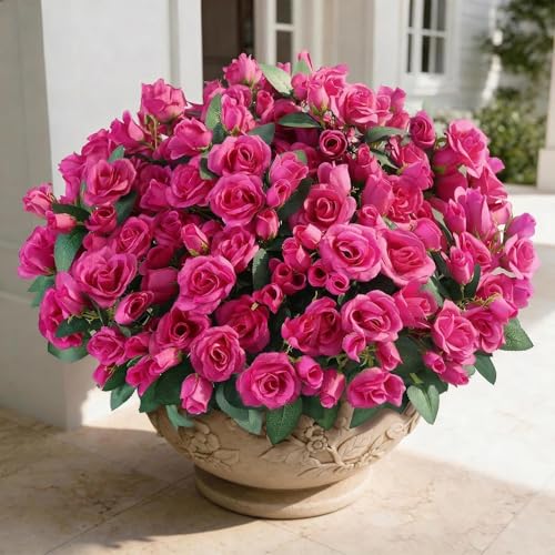 Juxdp 8 Bundles Artificial Roses, Realistic Silk Bouquet Flower(Rose Red) | Fluffy and Vivid, Fade-resistant, Faux Rose Plants, for Front Door/Garden/Farmhouse/Home/Outdoor/Spring/Summer Decor - color: Rose Red
