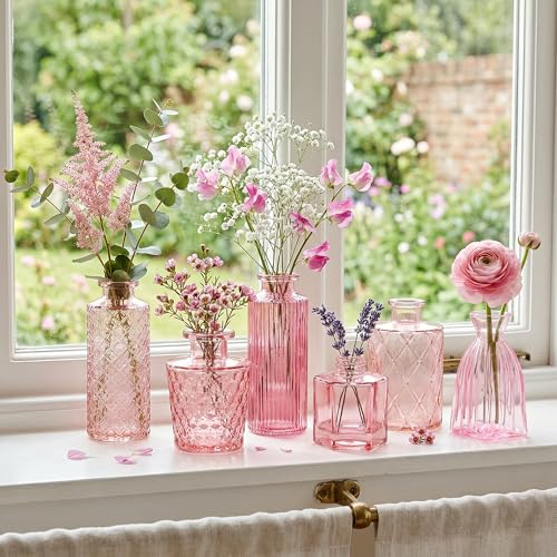 30Pcs Pink Glass Bud Vases, Wedding Table Decor, Bulk Housewarming Gift | Pink bud vases in bulk, Rustic embossed, Vintage-styled glass vases for centerpieces, 15 unique vintage styles(2 per design) - color: Pink Series