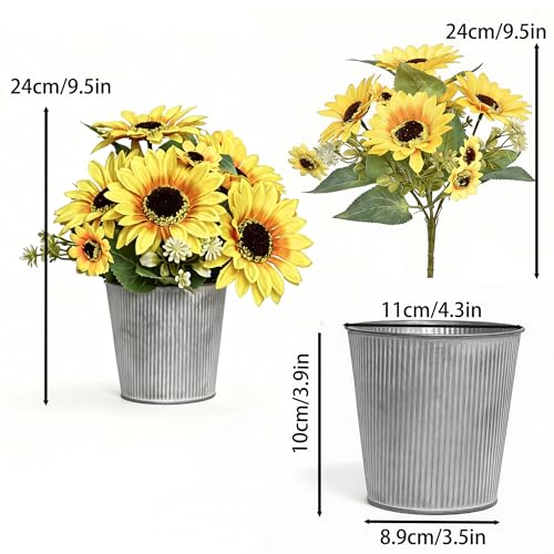 SVENJBB 3-Pack Artificial Sunflower Arrangement in Galvanized Metal Pot, Faux Sunflower Bouquet with Daisies & Greenery, Farmhouse Table Centerpiece Home Décor, 9.5 Inch Height - color: Sunflower Bouquet
