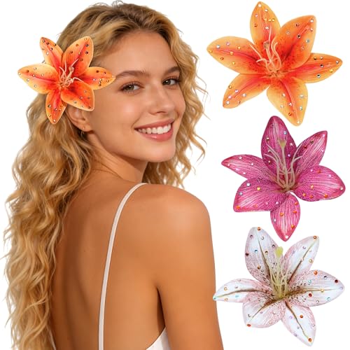 Mesovor 3 Pack Hawaiian Flower Hair Clips, Artificial Tropical Flower Orchid Hair Pin | Rhinestone Hairpins Hair Accessories for Wedding Bridal Beach Party (Orange Lily) - color: Orange Lily