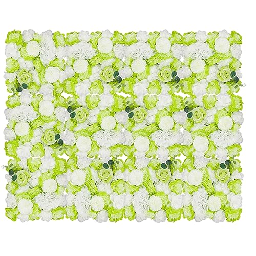12Pcs Artificial Flower Wall Panel 3D Floral Backdrop Wall 15" X 15" Flower Wall Decor Flower Wall Backdrop Faux Flower Panel for Party Home Background Decor, Green - color: Green, White
