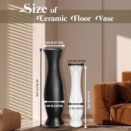 Tall Black Floor Vase 30 inches, Handmade Modern Large Ceramic Vases for Home Decor Living Room, Horizontal Stripes Decorative Vases Wide Mouth Opening Corner Vase for Pampas Grass, Hallway - color: Black Stripe Pattern