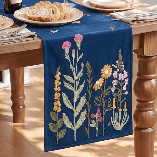 Artoid Mode Dark Blue Soft Chain Embroidery Wild Floral Spring Table Runner, Seasonal Winter Kitchen Dining Table Decoration for Home Party Decor 13x72 Inch - color: Dark Blue, size: 13" x 72", Table Runner