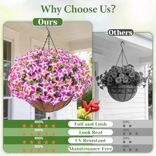 Realistic Artificial Hanging Flowers for Outdoors with Basket, 1 Set Large Size UV Resistant Artificial Outdoor Flowers, Full Faux Outdoor Flowers Fake Hanging Flowers for Porch, Front Door, Garden - color: Purple Red+rose Red, size: 1 Set