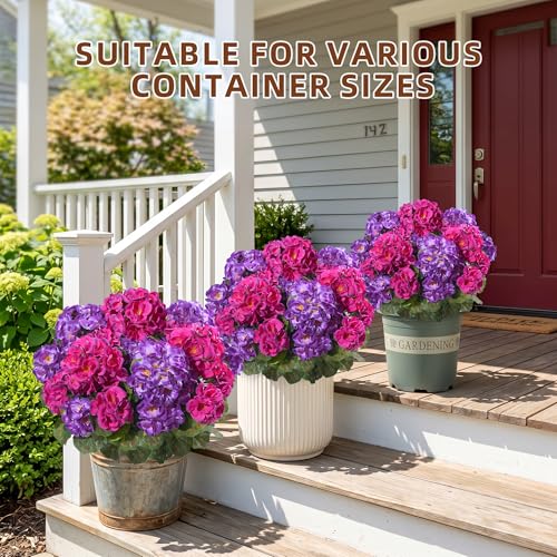 Geraniums Artificial Flowers for Outdoors, 2 Pack Potted Plants Fake Geranium Bush Realistic Fake Flowers Greenery UV Resistant Faux Flowers for Outdoor Planters Outside Gardens Front Door Indoor, Mix - color: 6 Purple, 6 Fuchsia