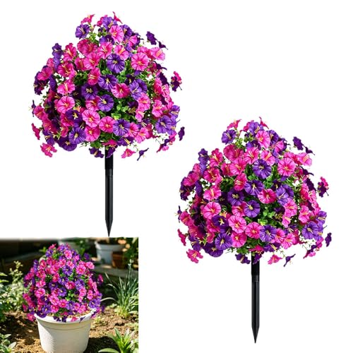 Artificial Petunias with Ground Stake - UV Resistant & Waterproof Faux Flowers for Outdoor Indoor Garden, Yard, Planter, Porch & Home Decor (Style D,2 Pcs) - color: Style D ,2 Pcs