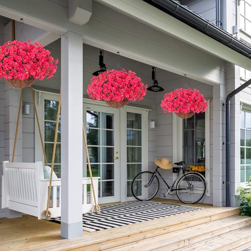 Artificial Fake Hanging Flowers Plants Baskets for Outdoors Spring Summer Decor, Faux Silk Morning Glory in Planter UV Resistant Realistic for Outside Porch Patio Balcony Garden Yard Home, Hotpink - color: Hotpink