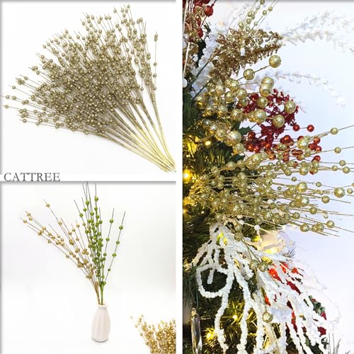 Artificial Glitter Berry Stem Ornaments, Gold Bright Berries Decorative Bead Sticks, Picks Branches Glittery Twigs for Home Christmas Tree Vase Holiday Wedding Party Decor - 17 Inch Golden 10 Pack - color: Glitter Berries Stems Sticks - Golden 10 Pcs