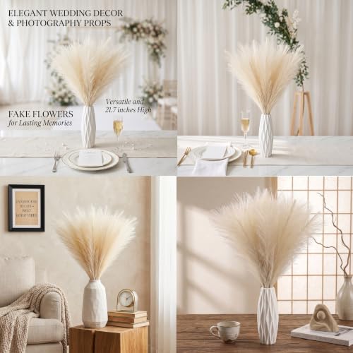30PCS Artificial Pampas Grass Decor, 21.7" Small Faux Pampas Grass No Shedding Allergy Free, Fluffy Boho Silk Flowers for Vase Filler, Home Living Room Wedding Table Centerpieces, Beige - size: Begie