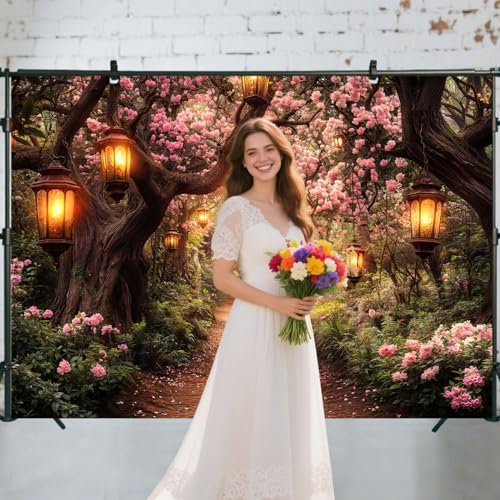 Pink Spring Enchanted Forest Backdrop, Cherry Blossom Road Fairy Tale Wonderland Garden Photography Background for Kids Girls, Baby Shower Birthday Party Decoration Cake Table Photo Booth Props 5X3FT - color: Pink, size: 5X3FT