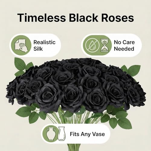 Black Roses Artificial Giant Flowers,50PCS 4 Inch Large Fake Roses Bulk - color: Black