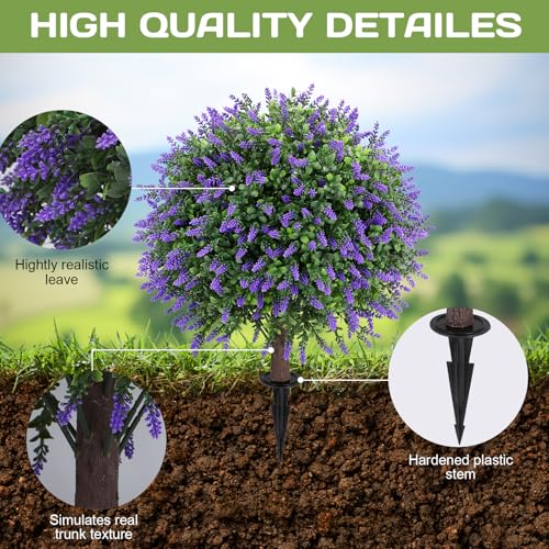Artificial Lavender Topiary Ball Tree 25" with Ground Spike, Set of 2 Artificial Boxwood Bushes for Faux Shrubs, Fake Evergreen Faux Plant for Indoor Outdoor Porch Garden -UV Resistant–Fade-Proof - color: Lavender