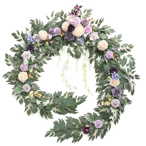 Ling's moment 9FT Flower Garland for Backdrop Decorations - Wedding Arch Flowers, Eucalyptus & Rose, Artificial Floral Garland for Mantel - Sweetheart Table Decor for Ceremony Reception, Lilac & Gold - color: Prpl-lilac & Cream
