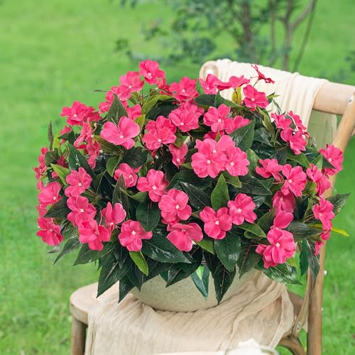 Fake Flowers Artificial Flowers for Outdoor,Silk Artificial Impatiens Bouquet Flowers for Outdoors，Spring Flowers Flores Artificiales para Decoracion Indoor Decor 15.7" (Rose Red) 8PCS - color: Rose Red-8