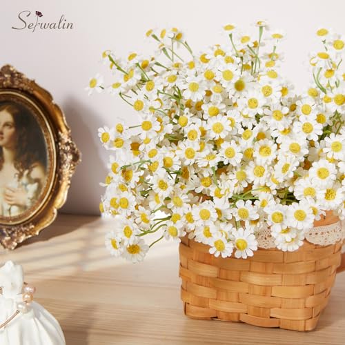 Serwalin 24pcs Small White Daisy Flowers Artificial Fake Wildflower Bouquet, Realistic Faux Daisies Arrangements for Wedding, Vase Centerpiece Table Decorations, DIY Home Party (Not Include Basket) - color: White, size: 24PCS