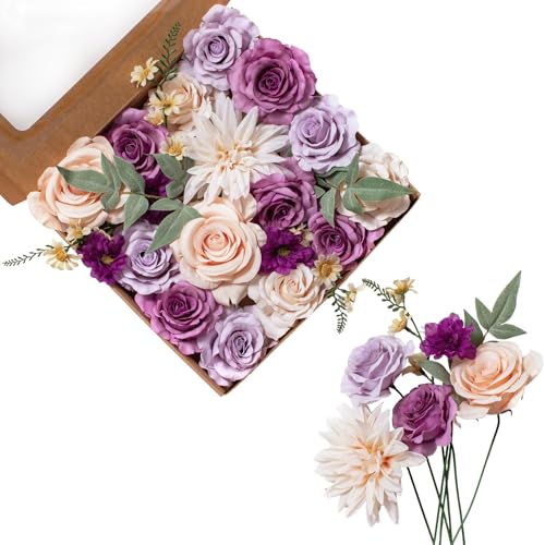 FANKO Artificial Flowers for DIY Bouquet, Purple Mauve Faux Rose, Ivory Peach Fake Flower Rose Dahlia Daisy for Vase, Floral Arrangement, Centerpieces, Wedding, Home Decor, Party Decoration - color: Lilac & Purple