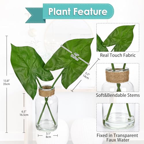 GnFlus Fake Plants Faux Greenery Stems in Glass Vase with Faux Water, Realistic Silk Faux Plants Artificial Tropical Leaves for Home Bathroom Office Wedding Centerpiece Décor - color: Elephant Ears
