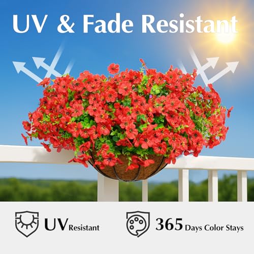 Artificial Flowers for Outdoors, 12 Bundles Outdoor Faux Plants,Uv Resistant Artificial Fake Flowers Plants, Realistic Spring Decor for Porch, Patio, Yard (Red) - color: Red
