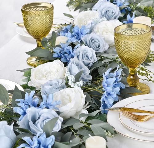 DearHouse 2Pack Artificial Peony Flower Garland - 6ft/Strand Silk Peony Flower Greenery Garland with Fake Willow Leaves for Wedding Ceremony Backdrop Party Table Centerpieces Decor (Blue) - color: Blue