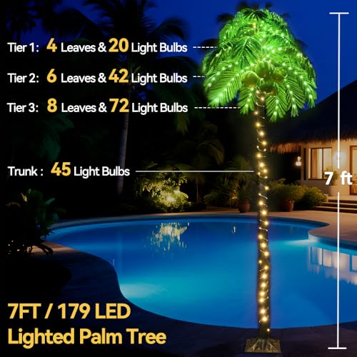 Ledido 7FT Lighted Palm Trees for Outside Patio, 179LED Palm Tree Outdoor with 5 Coconuts Bendable Leaves Waterproof, Artificial Fake Trees for Pool, Yard, Deck, Home, Party, Indoor Christmas Decor - color: Warm White, size: 7ft