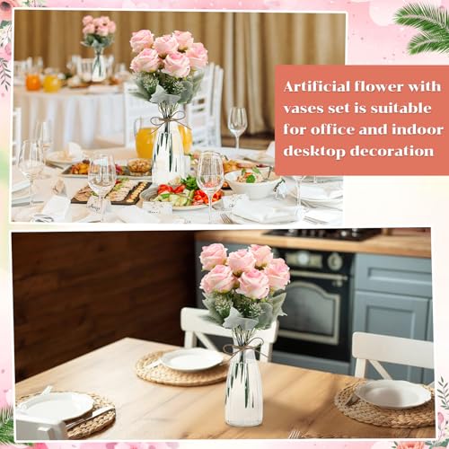 Zeyune 36 Pack Artificial Flowers Centerpiece with Vase Bulk for Wedding Table 24 Bundles Silk Floral Faux Rose Bouquet with 12 Plastic Vase for Bridal Shower Table Decor(Light Pink) - color: Light Pink