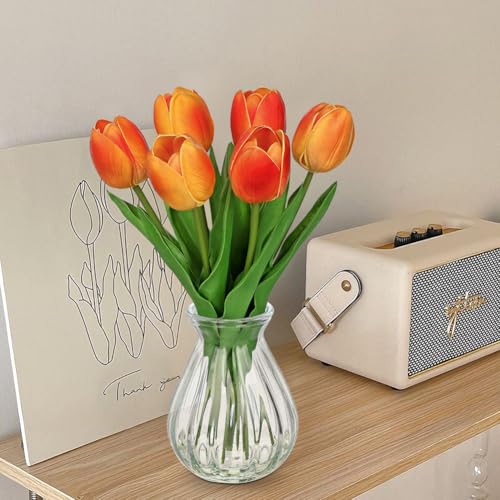 Artificial Tulips Flowers in Glass Vase - 6 Pcs Faux Flowers in Vase with Faux Water 12.5" Orange & Yelow Ombre Fake Tulips Bouquet Floral Arrangement Centerpiece for Living Room Table Home Decor - color: Orange & Yelow Ombre