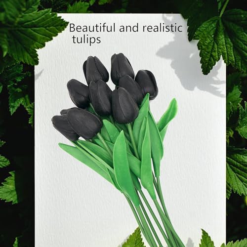 10 Pcs Faux Tulips Artificial Flowers with Stems, 13 Inch Artificial Tulips Flower Realistic for Wedding Bouquet, Table Centerpiece, Birthday Party (Black) - color: Black