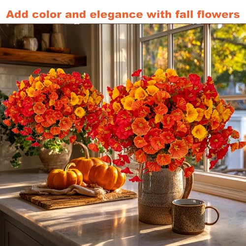 AXYLEX Artificial Fall Flowers Outdoor Fake Mums - 16 Bundles Fake Plants UV Resistant No Fade Faux Plastic Greenery Garden Morning Glory Home Decor (1, MixedFall 4 Colors) - color: Mixedfall 4 Colors