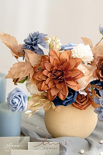 Ling's moment Fake Flowers Box, Faux Artificial Greenery Stems Foam Roses Gardenia Silk Dahlia Fabic Flower for Centerpieces Bouquet Wedding Vase Decorations, Burnt Orange & Navy, Grand Combo - color: Or-burnt Orange & Navy, size: Grand