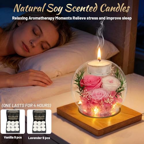 ENERLEAF Preserved Pink Real Rose in Glass with Scented Candles – Forever Flower Romantic Anniversary Christmas Birthday Valentines for Mom, Women, Wife, Girlfriend, Her, Grandma - color: Glass-pink