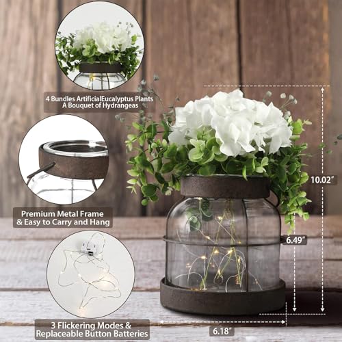 Farmhouse Glass Lantern Vase Vintage Flower Vases with Plants Hydrangea Lights Rustic Floral Arrangement Centerpieces Home Decor Hostess Housewarming Gift - color: Vase+greenery+light+hydrangea