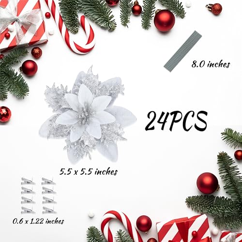 SITUMEIZI 24 Pcs Sliver Christmas Ornament Glitter Poinsettia Artificial Flowers 5.5" with Clips Fake Christmas Ornaments Xmas Tree Wreath New Year Decorations - color: Silver