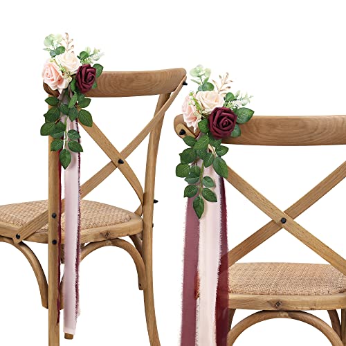 Wedding Aisle Decorations for Wedding Ceremony Set of 10 Pew Flowers for Church Chair Decorations Party Decor with Artificial Flowers Eucalyptus and Ribbons Burgundy - color: New Burgundy