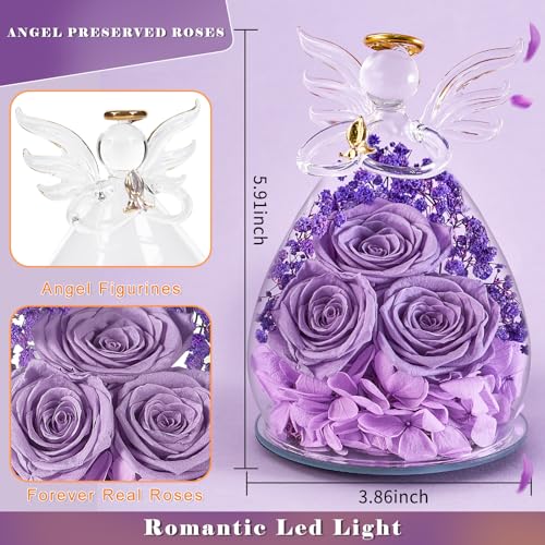 Beferr Gifts for Mom Birthday Gifts for Women, Fresh Flowers for Delivery Forever Preserved Rose in Glass Angel Figurine, Anniversary Christian Real Rose for Grandma Wife Mother from Daughter Son - color: H Lavender Purple