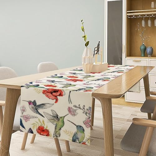 Summer Tropical Hummingbird Floral Table Runner,Spring Birds Table Runner Burlap Table Decoration for Seasonal Home Kitchen Dining Dinner Indoor Holiday Farmhouse Decor 13x36 Inch - color: Bird_6, size: 13x36inch