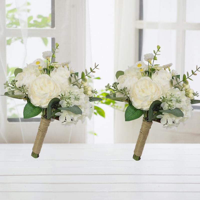 9in Artificial Bridal Bouquet - White Roses Fake Flowers with Eucalyptus/Daisy ，Wedding Photography Props, Bridesmaid Bouquet，Realistic Silk Material (Set of 2 Bridesmaid Bouquets)