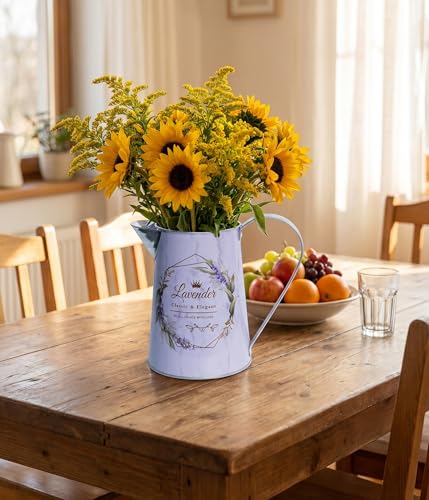 Yoillione White Metal Flower Vase with Lavender Floral Pattern, French Country Jug Pitcher Vase with Handle for Farmhouse Home Decor, Gifts for Women Girls - color: Lavender, size: Small