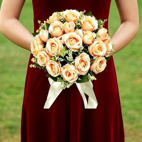 CYANLUX Wedding Bouquets for Bride Bridesmaid Bouquet Champagne White Artificial Roses Flowers for Wedding Valentine's Day Church Home Decoration (1#Champagne)… - color: 1#champagne