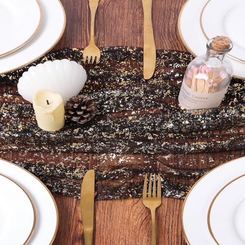 10FT Black Gold Gauze Table Runner Sheer Glitter Metallic Foil Tulle Table Runner 120 Inch Sequin Kitchen Dining Birthday Wedding Christmas Halloween Home Decor for Party - color: Black Gold, size: 10 ft × 1 pc