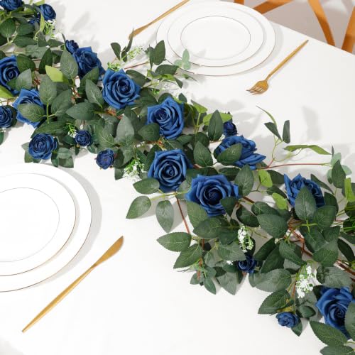 2 Pack 11.2 Ft Artificial Flower Garland with White Roses, Realistic Fake Greenery Vines with 17 Roses Flowers for Wedding Table Centerpieces Arch Party Ceremony Backdrop Decor (Blue) - color: Blue
