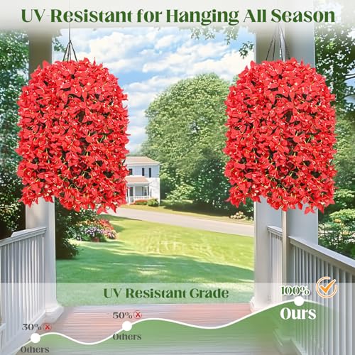 2Pcs Artificial Flowers for Outdoors - Red Realistic Faux Silk Bougainvillea Flowers, Fake Hanging Plants for Porch Patio Balcony Decoration - color: Red, size: 2 Pcs