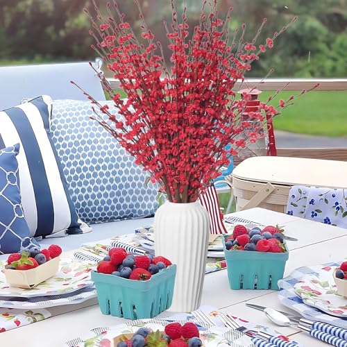 Wootkey 5 Pcs Valentine's Day Flowers Artificial Red Flowers 29.5" Long Stems Patriotic Picks with Mini Red Berry for DIY Floral Art Plant Wedding Home Office Table Decorations - color: Red, size: 5pcs-29.5''