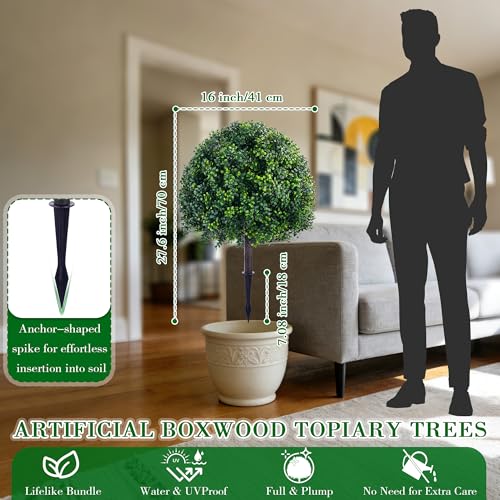 27.6" Artificial Topiary Boxwood Tree, Faux Boxwood Topiary Spheres with Spike, 2 Set Plants Shurbs Tree Waterproof UV Resistant Fake Plants for Outdoor Planter Porch Home Garden Spring Decor - size: 27.6inch-boxwood