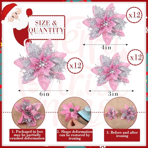36 Pcs Christmas Glitter Artificial Poinsettia Flowers Xmas Poinsettia Artificial Wedding Flowers Decorations Xmas Tree Ornaments with Clips for Party, 6 Inch, 4 Inch, 3 Inch(Peach Pink, Silver) - color: Peach Pink, Silver