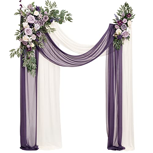 Ling's moment Purple Lilac Artificial Wedding Arch Flowers Kit Pack of 4, 2pcs Hanging Flower Arrangement 2pcs Chiffon Drapes Ceremony Reception Fake Rose Arbor Backdrop Floral Party Outdoor Decor - color: Prpl-lilac & Gold